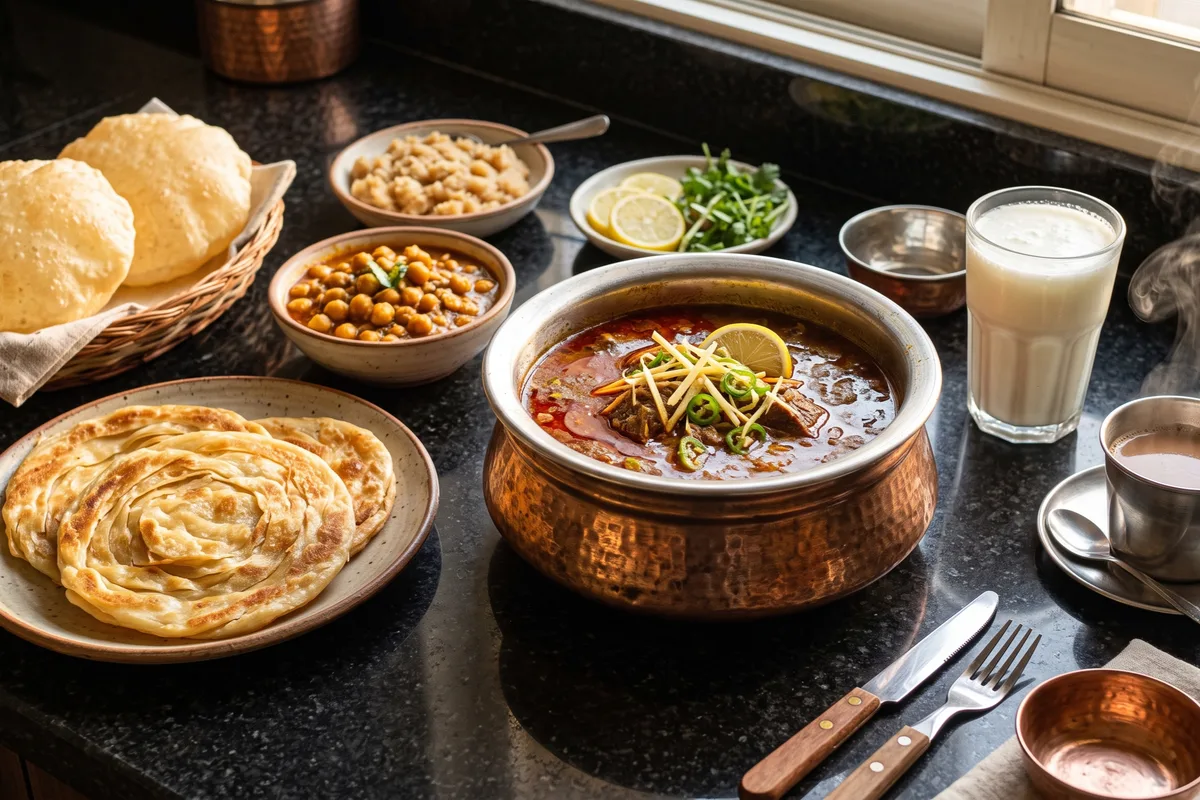 Special Beef Nihari, Paye, and Halwa Puri breakfast platter